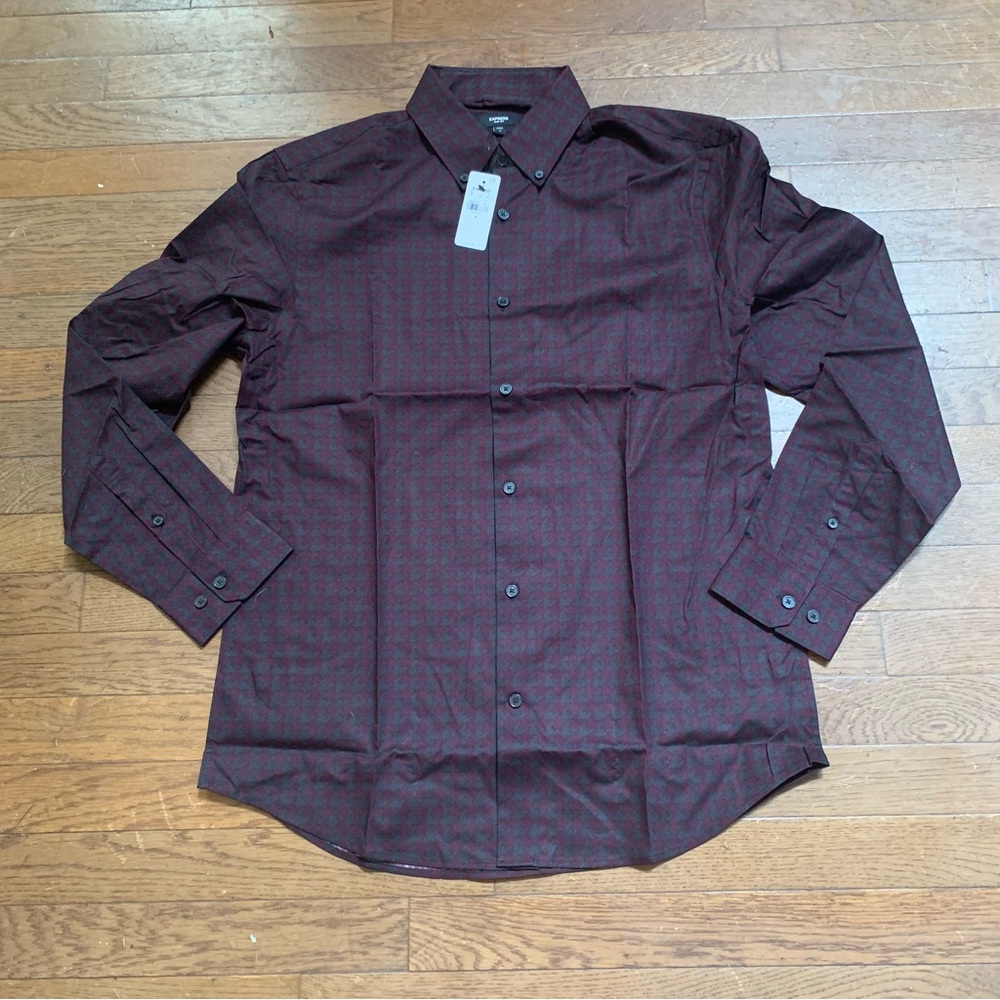 Express Burgundy and Grey Houndstooth Slim Fit Button -Down Shirt | M | NEW!! - Picture 3 of 10